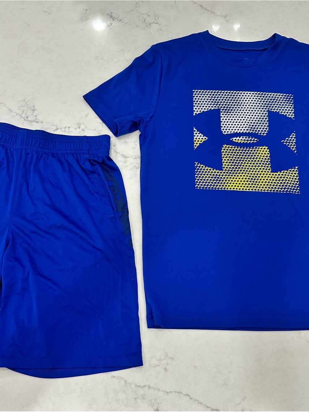 Under Armour Boys Blue Performance Tee and Shorts Set with Yellow Logo Detail